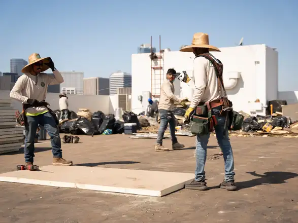 Crew working on a flat roof in Los Angeles