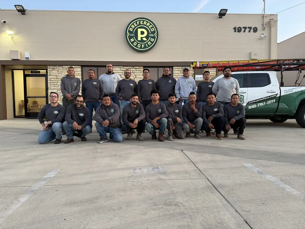 The Preferred Roofing crew outside the Northridge shop